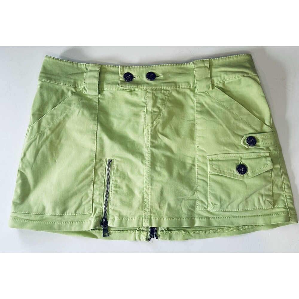 Vintage Y2K GUESS  Lime Green Cargo Micro Skirt Utility Pocket Zip Slit Size 27